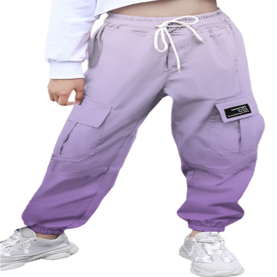 SANGTREE Girl's Cargo Pants Elastic Waist Drawstring Multi Pockets Loose Tapered Cargo Jogger Pants,Ombre Purple,6-7 Years Little Kid = Tag 130