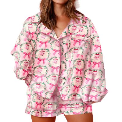Aonoapll Women Christmas Pajama Shorts Set Pink Santa Bow Long Sleeve Button Shirt Shorts 2 Piece Loungewear Sleepwear(Santa Pink,Medium)