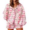 Aonoapll Women Christmas Pajama Shorts Set Pink Santa Bow Long Sleeve Button Shirt Shorts 2 Piece Loungewear Sleepwear(Santa Pink,Medium) view 1