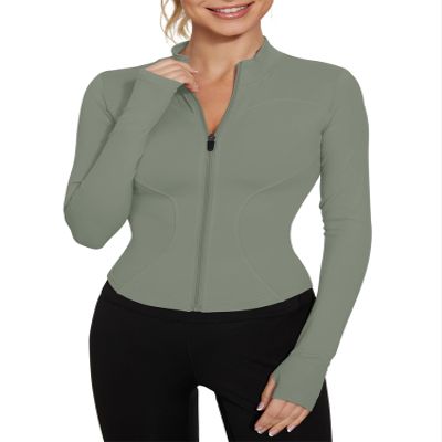 LUYAA Workout Jackets Woman BBL Long Sleeve Gym Golf Shirts Seamless Zip Up Athletic Outfits Quick Dry Grey Green XS