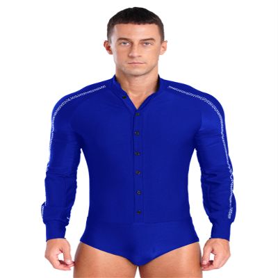 Winnrchan Men's Sequins Dance Shirts Unitard Long Sleeve Bodysuit Ballroom Salsa Samba Dance Leotard Tops Blue Large