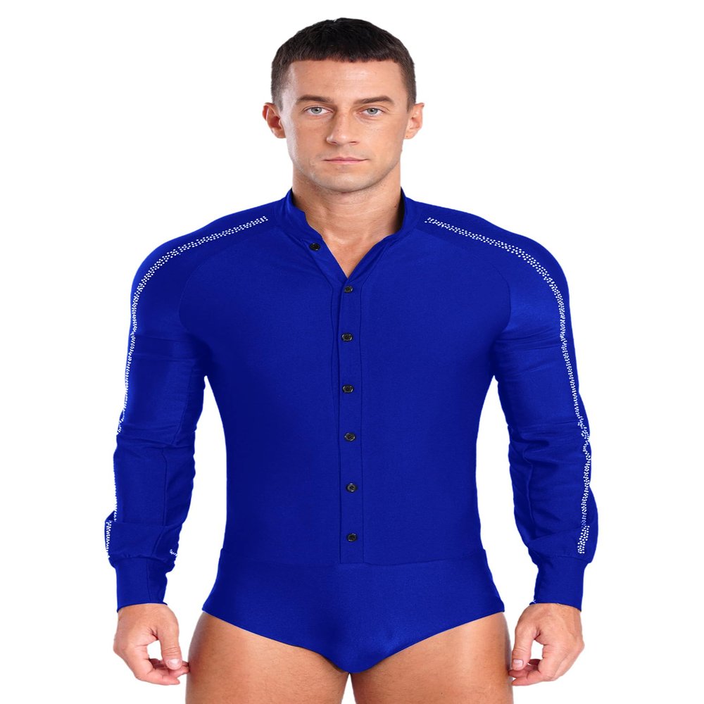 Winnrchan Men's Sequins Dance Shirts Unitard Long Sleeve Bodysuit Ballroom Salsa Samba Dance Leotard Tops Blue Large