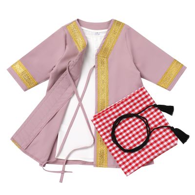 OBEEII Newborn Muslim Thobe Baby Boys Abaya + Turbans Head Scarf + Kaftan Set Toddler Islamic Arabic Dubai Ramadan Eid Outfits Purple pink 12-24 Months
