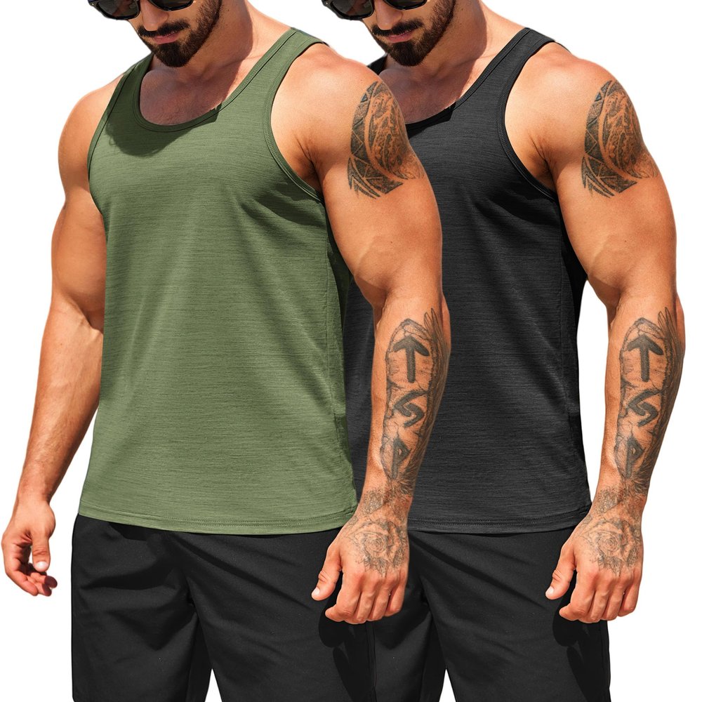COOFANDY Men's Workout Tank Tops Pack Dry Fit Sleeveless Running Shirts Gym Muscle Bodybuilding T Shirts Black/Army Green