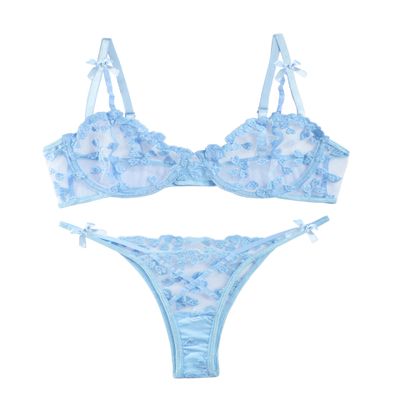Lilosy Petite Sexy Cute Underwire Push Up Strappy Heart Embroidered Mesh Sheer Lingerie Set for Women Bachelorette See Through Bra and Panty 2 Piece Bow Light Blue XXX-Small