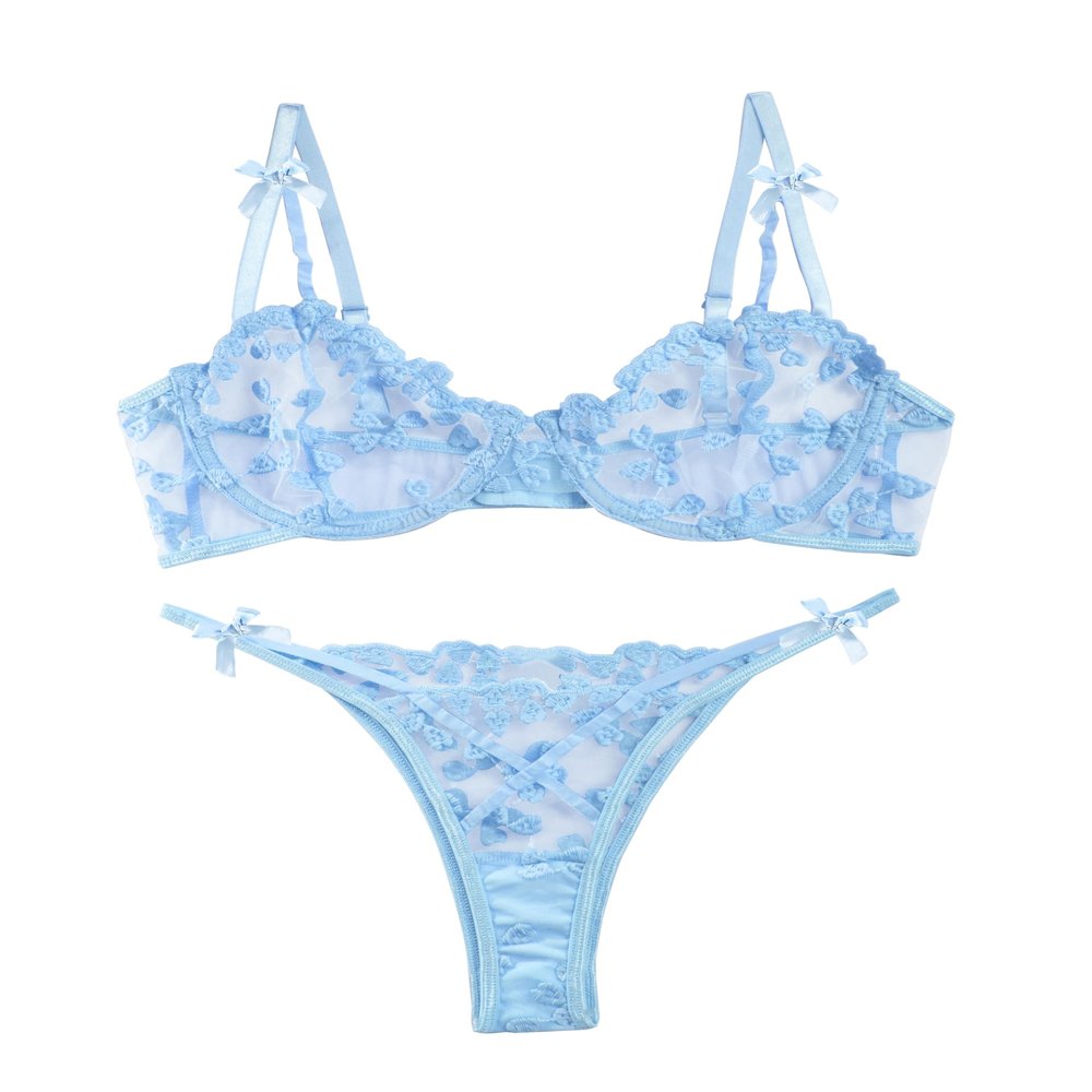 Lilosy Petite Sexy Cute Underwire Push Up Strappy Heart Embroidered Mesh Sheer Lingerie Set for Women Bachelorette See Through Bra and Panty 2 Piece Bow Light Blue XXX-Small