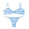 Lilosy Petite Sexy Cute Underwire Push Up Strappy Heart Embroidered Mesh Sheer Lingerie Set for Women Bachelorette See Through Bra and Panty 2 Piece Bow Light Blue XXX-Small view 1