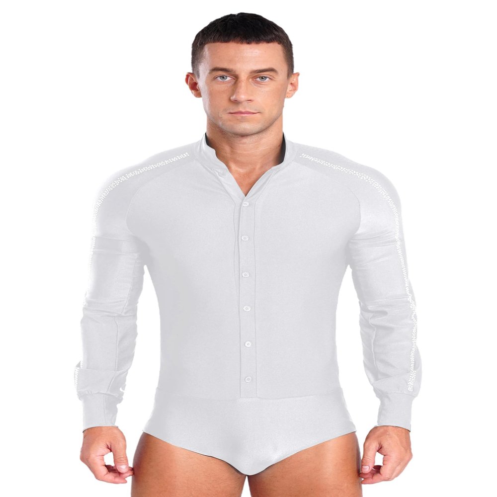 vastwit Mens One-Piece Latin Tango Dance Shirt Leotard Shiny Unitard Bodysuit Ballroom Dance Costume White Small