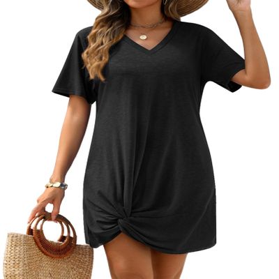 AI'MAGE Women's Bathing Suit Cover Up Short Sleeve Swimsuit Coverup V Neck Bikini Beachwear Twisted Mini Dress(Black, Small)