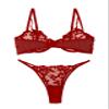 Lilosy Petite Sexy Cute Underwire Push Up Strappy Heart Embroidered Mesh Sheer Lingerie Set for Women Bachelorette See Through Bra and Panty 2 Piece Red XXX-Small view 3