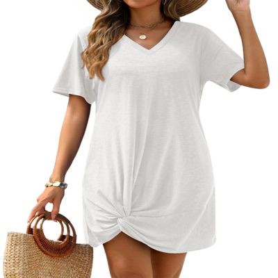 AI'MAGE Women's Bathing Suit Cover Up Short Sleeve Swimsuit Coverup V Neck Bikini Beachwear Twisted Mini Dress(White, Large)