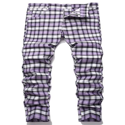 HENGAO Men's Plaid Pants Casual Skinny Stretch Slim Fit Chino Dress Pants, T24- Purple, 38