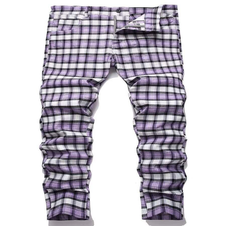 HENGAO Men's Plaid Pants Casual Skinny Stretch Slim Fit Chino Dress Pants, T24- Purple, 38