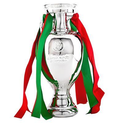 Haodage Europa Delaunay Cup Champions Trophy Replica Resin Cup Soccer Trophies with 3 Color Ribbon Fans Home Decoration Commemorative Collection Display Ornaments,34cm