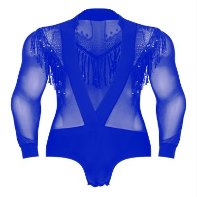 FEESHOW Men's Latin Dance Shirt Sheer Mesh Patchwork Fringe Bodysuit Modern Dance Shirt Clubwear Blue Medium