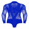 FEESHOW Men's Latin Dance Shirt Sheer Mesh Patchwork Fringe Bodysuit Modern Dance Shirt Clubwear Blue Medium view 1