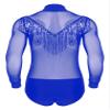 FEESHOW Men's Latin Dance Shirt Sheer Mesh Patchwork Fringe Bodysuit Modern Dance Shirt Clubwear Blue Medium view 2