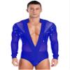 FEESHOW Men's Latin Dance Shirt Sheer Mesh Patchwork Fringe Bodysuit Modern Dance Shirt Clubwear Blue Medium view 3