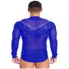 FEESHOW Men's Latin Dance Shirt Sheer Mesh Patchwork Fringe Bodysuit Modern Dance Shirt Clubwear Blue Medium view 4