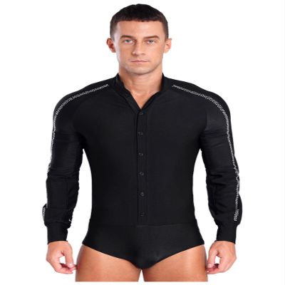 FEESHOW Men Sparkly Rhinestones Latin Dance Shirt Ballroom Dance Shirt Stand Collar Button Down Leotard Black Large