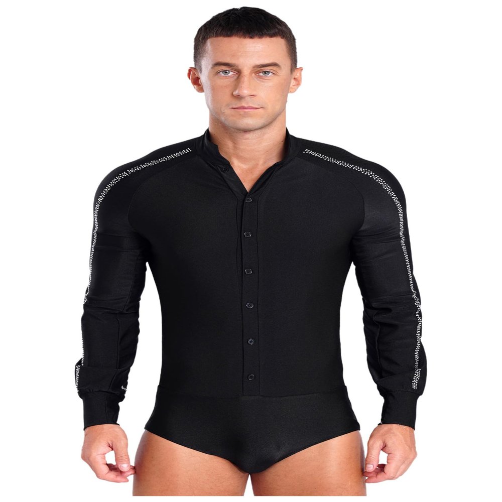 FEESHOW Men Sparkly Rhinestones Latin Dance Shirt Ballroom Dance Shirt Stand Collar Button Down Leotard Black Large