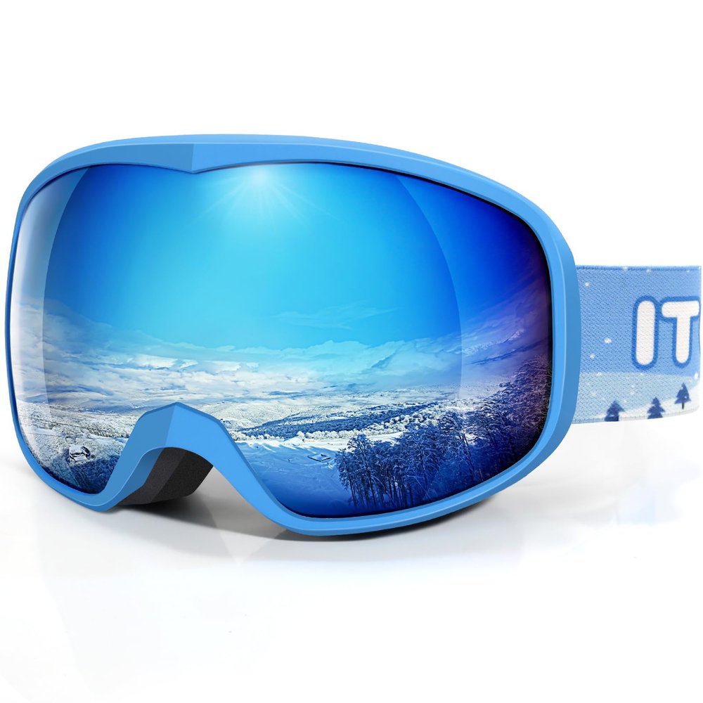 ITOWE Kids Ski Goggles for 3-14, Snow Goggles for Boys Girls, Winter Sports Snowboard Goggles for Child Toddlers Youth Anti Fog 100% UV Protection (Revo Blue)