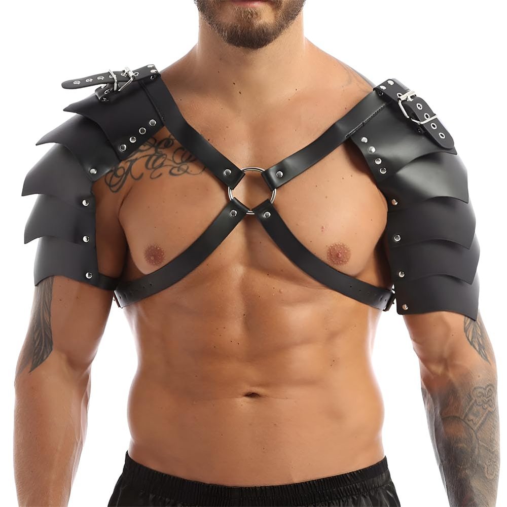 Medieval Knight Shoulder Armor Vintage Viking Pauldrons Halloween Men Faux Leather Shoulder Guard for Cosplay LARP Ren Faire (Metal Ring)