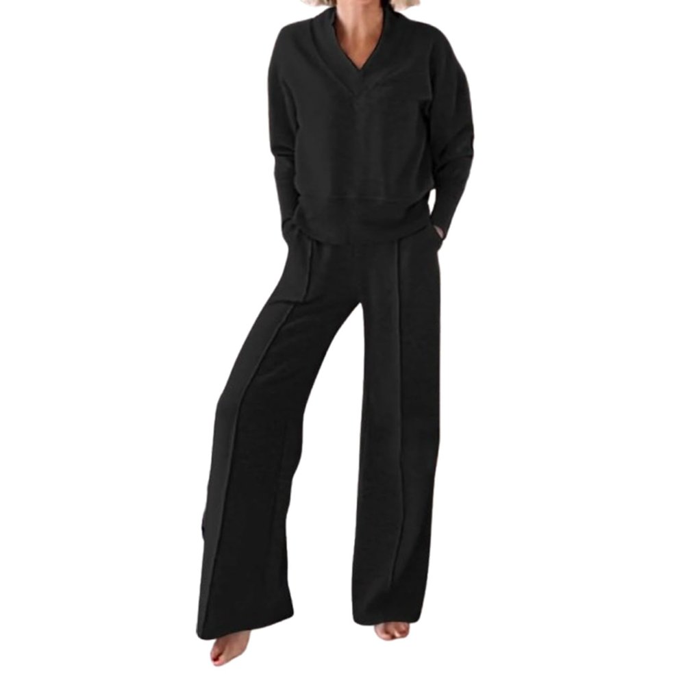 Women's Solid Color V-Neck Top & Pants Two-Piece Set, 2024 Fall Long Sleeve Lounge Loose Travel Sweatshirt Set (Black,M)