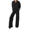 Women's Solid Color V-Neck Top & Pants Two-Piece Set, 2024 Fall Long Sleeve Lounge Loose Travel Sweatshirt Set (Black,M) view 1