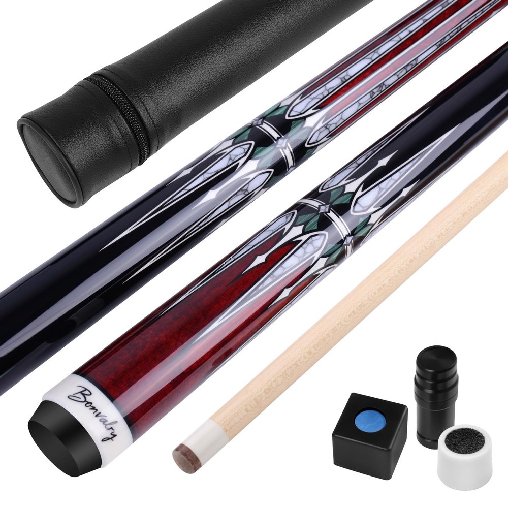Bonvalry Pool Cue Kit - Stained Maple 58 Inch Pool Stick with Hard Case and Accessories for Billiards Enthusiasts (20oz, Red)