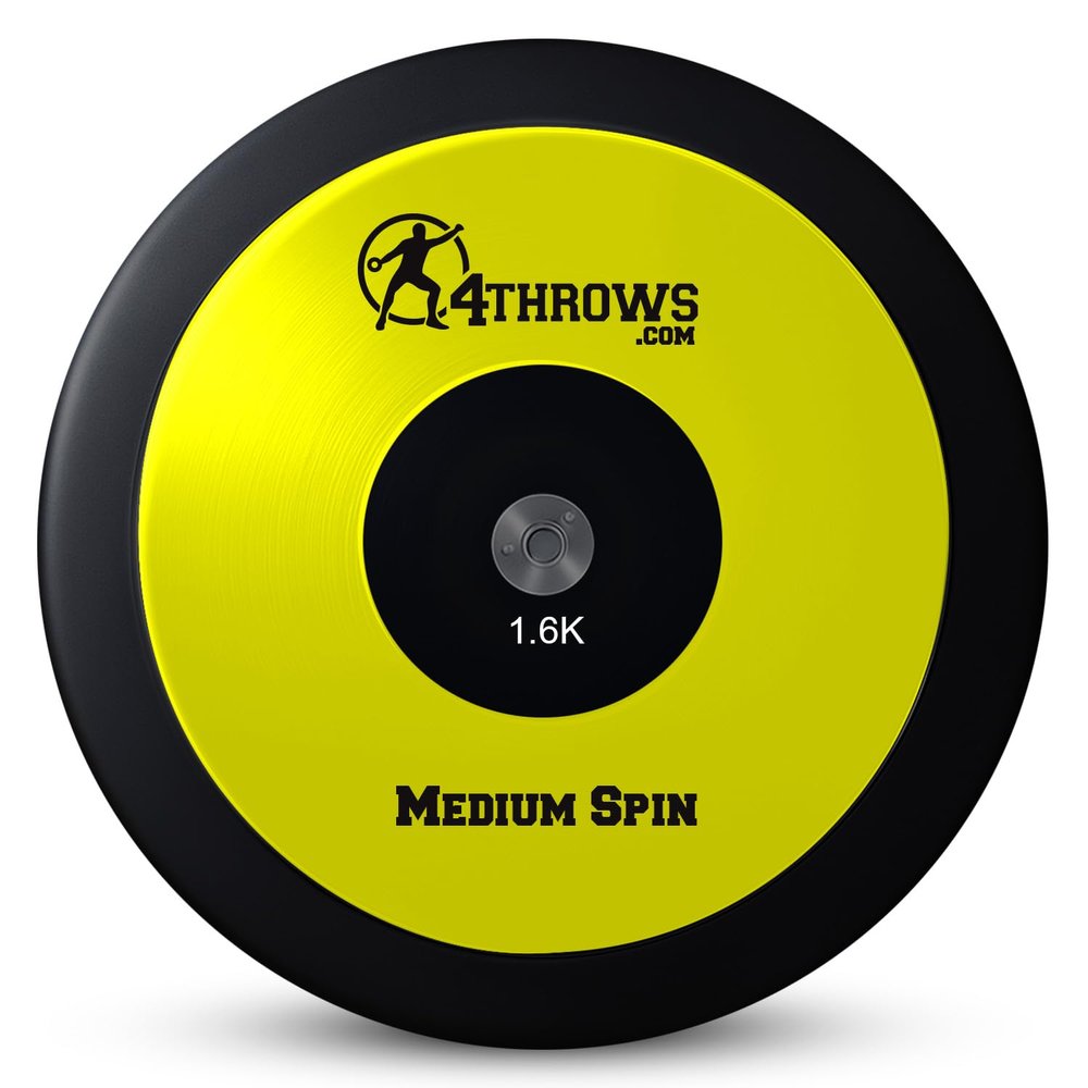 4THROWS Medium Spin Competition Discus for Track & Field, High School, College, Men & Women 75% Rim Weight, IAAF World Athletics Certified with Free Carry Bag, Neon Yellow and Black, 1.6kg