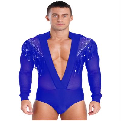 vastwit Men's Shiny Latin Dance Shirt Leotard Sheer Mesh Ballroom Salsa Rumba Figure Skating Romper Bodysuit Blue Medium