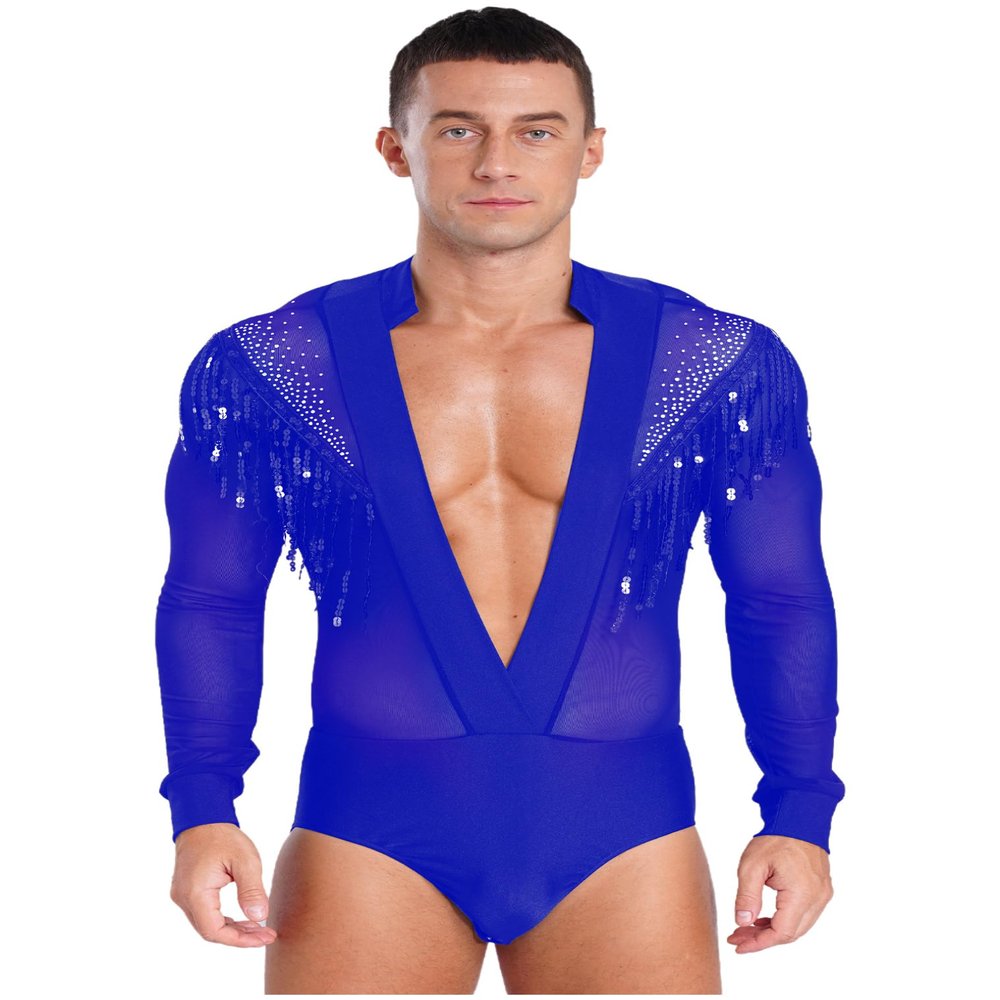 vastwit Men's Shiny Latin Dance Shirt Leotard Sheer Mesh Ballroom Salsa Rumba Figure Skating Romper Bodysuit Blue Medium