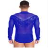 vastwit Men's Shiny Latin Dance Shirt Leotard Sheer Mesh Ballroom Salsa Rumba Figure Skating Romper Bodysuit Blue Medium view 2