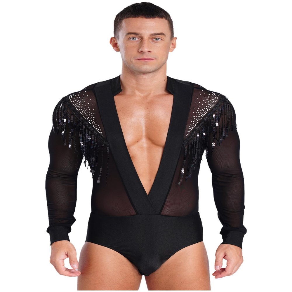 vastwit Men's Shiny Latin Dance Shirt Leotard Sheer Mesh Ballroom Salsa Rumba Figure Skating Romper Bodysuit Black Medium
