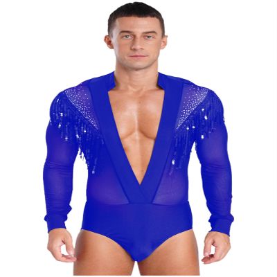 Winnrchan Men Latin Dance Shirt Leotard Deep V Neck Sheer Mesh Jumpsuit Salsa Samba Cha Cha Tango Dance Top Blue Medium
