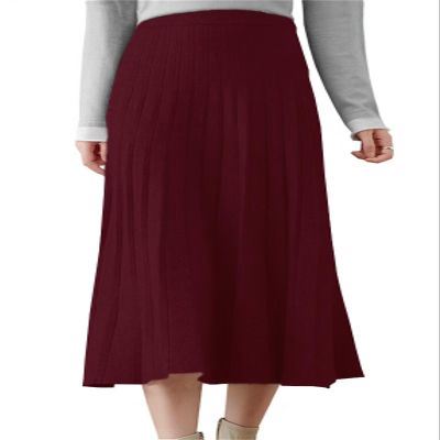 Beralst Women's Knit Midi Skirt, Elastic High Waist A-Line Pleated Bodycon Knitted Skirt, Wine Red, Medium