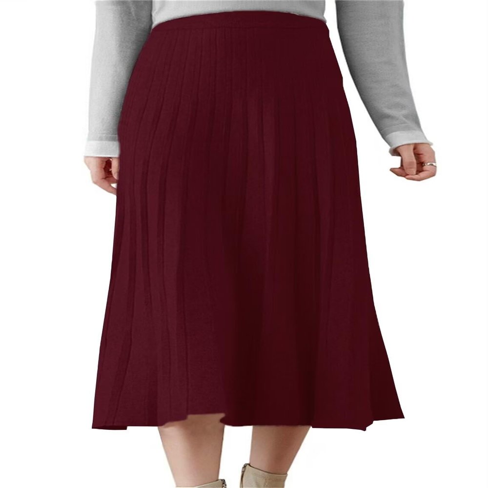 Beralst Women's Knit Midi Skirt, Elastic High Waist A-Line Pleated Bodycon Knitted Skirt, Wine Red, Medium
