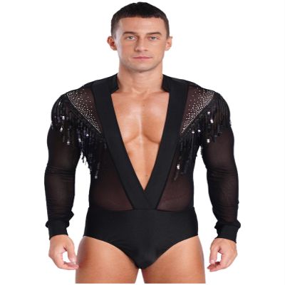 Winnrchan Men Latin Dance Shirt Leotard Deep V Neck Sheer Mesh Jumpsuit Salsa Samba Cha Cha Tango Dance Top Black Small