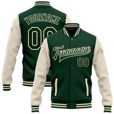 Custom Varsity Jackets Deep Green and Cream White Personalized Unisex Sports Sweatshirt Letterman Baseball Jacket Streetwear for Women Girls, Design Your Own Casual Coats Stitched Number Name Logo