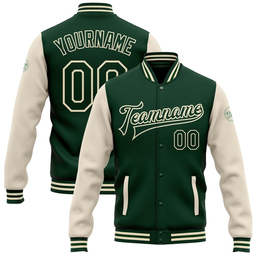 Custom Varsity Jackets Deep Green and Cream White Personalized Unisex Sports Sweatshirt Letterman Baseball Jacket Streetwear for Women Girls, Design Your Own Casual Coats Stitched Number Name Logo