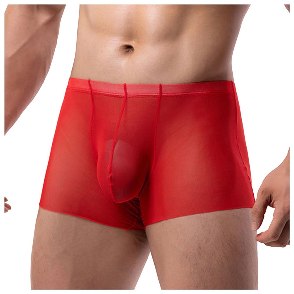Mens Sexy Boxer Briefs Breathable Sexy Mesh See Through Underwear Bulge Pouch Trunk Underpants Red