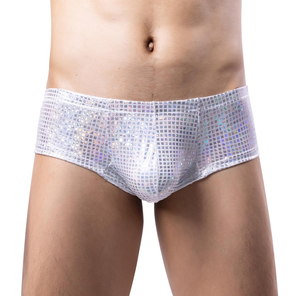 GENEMEN Mens Sequin Underwear Briefs Sexy Panties Nightclub Party Underpants (White, L)