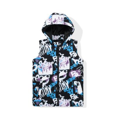 SNOW DREAMS Boys Girls Puffer Vest Hooded Quilted Outwear Sleeveless Jacket Lined Zipper Waistcoat Black White Graffiti Size 12
