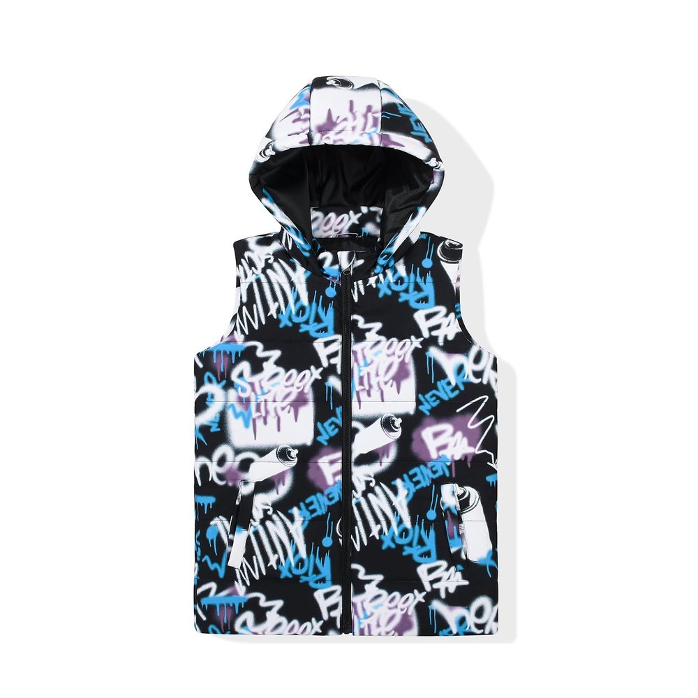SNOW DREAMS Boys Girls Puffer Vest Hooded Quilted Outwear Sleeveless Jacket Lined Zipper Waistcoat Black White Graffiti Size 12