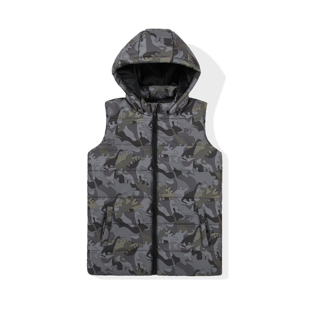 SNOW DREAMS Boys Girls Puffer Vest Hooded Quilted Outwear Sleeveless Jacket Lined Zipper Waistcoat Grey Dinosaur Size 14