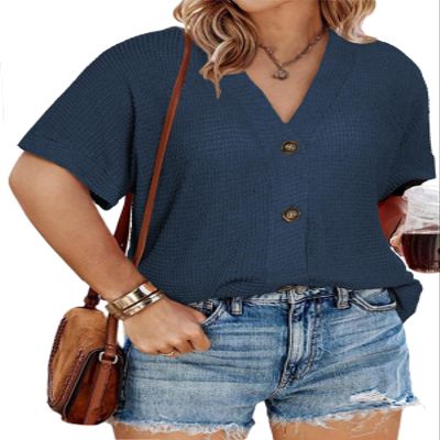 Eytino Womens Plus Size Cardigans V Neck Short Sleeve Front Button Tops Casual Waffle Knit Shirts,2X Navy Blue