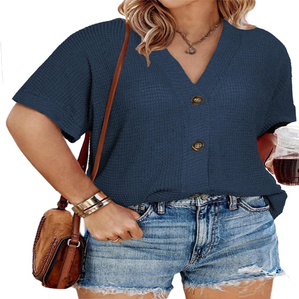 Eytino Womens Plus Size Cardigans V Neck Short Sleeve Front Button Tops Casual Waffle Knit Shirts,2X Navy Blue