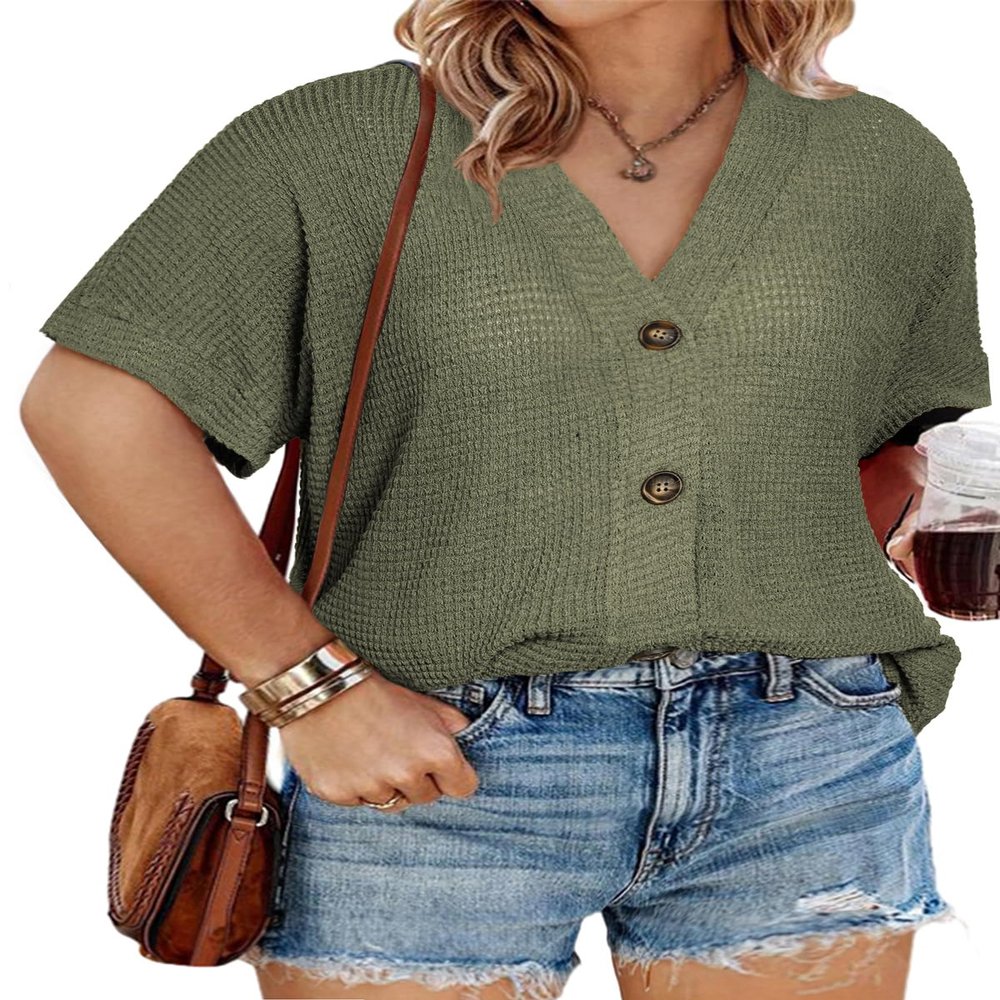 Eytino Womens Plus Size Tops Summer Casual Short Sleeve Waffle Knit Cardigan V Neck Solid Button Up Tops,5X Jungle Green