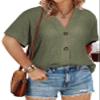Eytino Womens Plus Size Tops Summer Casual Short Sleeve Waffle Knit Cardigan V Neck Solid Button Up Tops,5X Jungle Green view 1